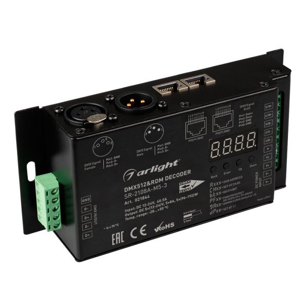 Оборудование Arlight 021844 Декодер DMX SR-2108A-M5-3 (12-36V, 480-1440W, 5CH) (Arlight, IP20 Металл, 3 года) по выгодной цене. Купить в Москве со скидкой.