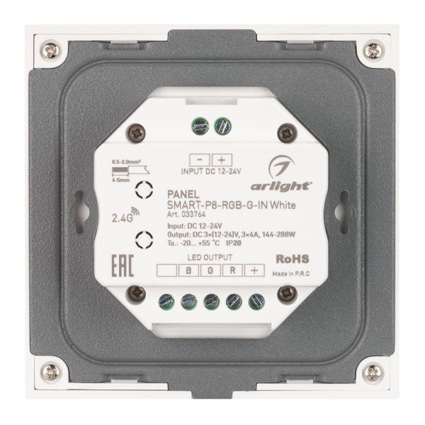 Оборудование Arlight 033764 Панель SMART-P8-RGB-G-IN White (12-24V, 3x4A, Rotary, 2.4G) (Arlight, IP20 Пластик, 5 лет) по выгодной цене. Купить в Москве со скидкой.