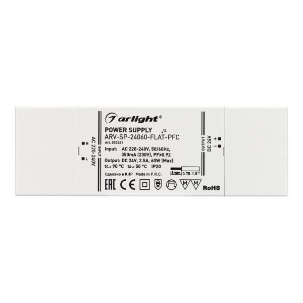 Оборудование Arlight 033261 Блок питания ARV-SP-24060-FLAT-PFC (24V, 2.5A, 60W) (Arlight, IP20 Пластик, 5 лет) по выгодной цене. Купить в Москве со скидкой.