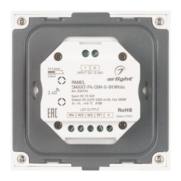 Оборудование Arlight 034774 Панель SMART-P4-DIM-G-IN White (12-24V, 4x3A, Sens, 2.4G) (Arlight, IP20 Пластик, 5 лет) по выгодной цене. Купить в Москве со скидкой.