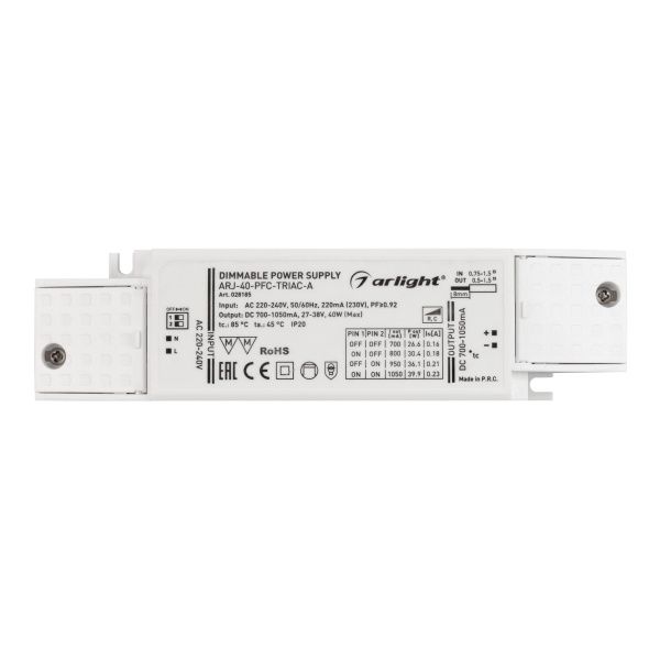 Оборудование Arlight 028185 Блок питания ARJ-40-PFC-TRIAC-A (40W, 700-1050mA) (Arlight, IP20 Пластик, 5 лет) по выгодной цене. Купить в Москве со скидкой.