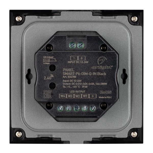 Оборудование Arlight 034780 Панель SMART-P6-DIM-G-IN Black (12-24V, 4x3A, Sens, 2.4G) (Arlight, IP20 Пластик, 5 лет) по выгодной цене. Купить в Москве со скидкой.