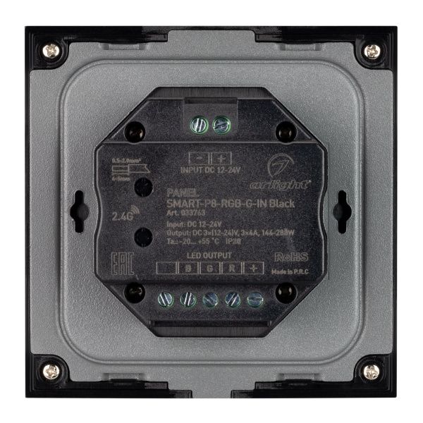 Оборудование Arlight 033763 Панель SMART-P8-RGB-G-IN Black (12-24V, 3x4A, Rotary, 2.4G) (Arlight, IP20 Пластик, 5 лет) по выгодной цене. Купить в Москве со скидкой.
