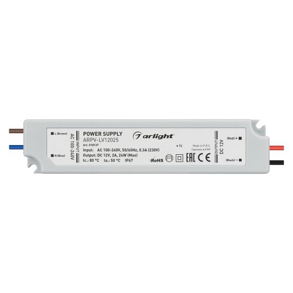Оборудование Arlight 018137 Блок питания ARPV-LV12025 (12V, 2.0A, 24W) (Arlight, IP67 Пластик, 2 года) по выгодной цене. Купить в Москве со скидкой.